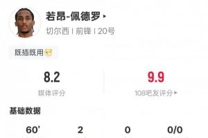 若昂-佩德罗本场数据：3射2正进2球&1解围1抢断，评分8.2